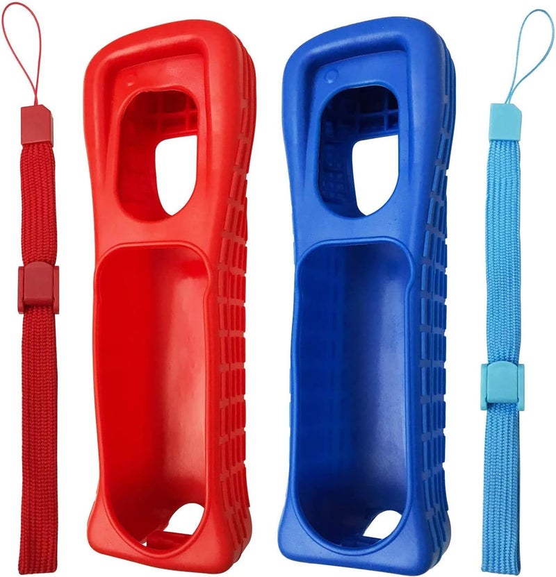2 x Silicone Skin Case Cover with Wrist Strap for Wii Remote Controller (Red+Blue)